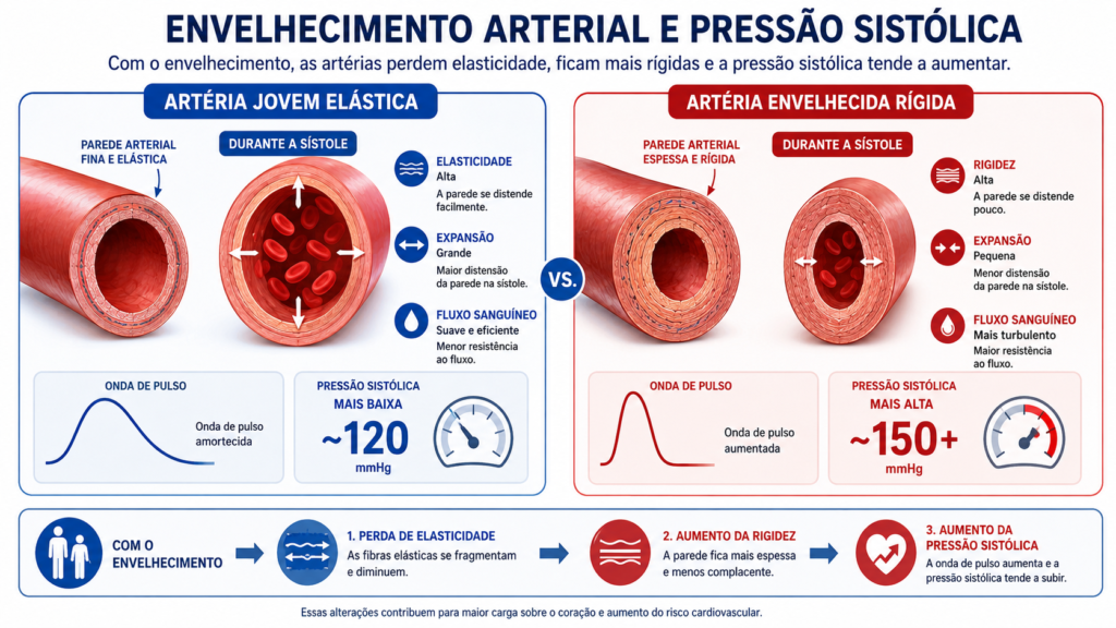 Comparação entre artéria jovem elástica e artéria envelhecida rígida, ilustrando a fisiopatologia da hipertensão sistólica isolada no idoso