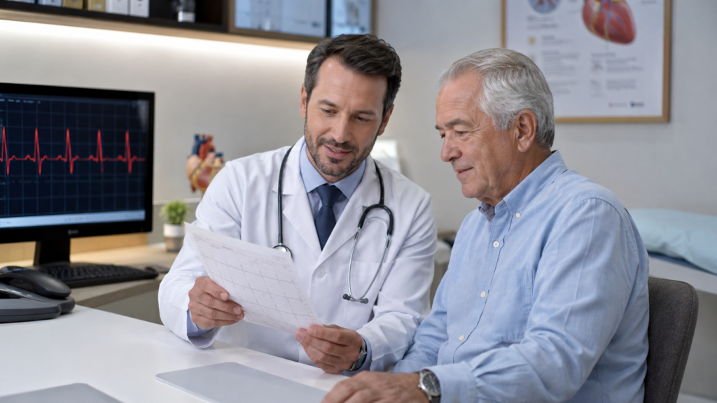 Médico cardiologista em consulta com paciente para orientação sobre tratamento da insuficiência cardíaca