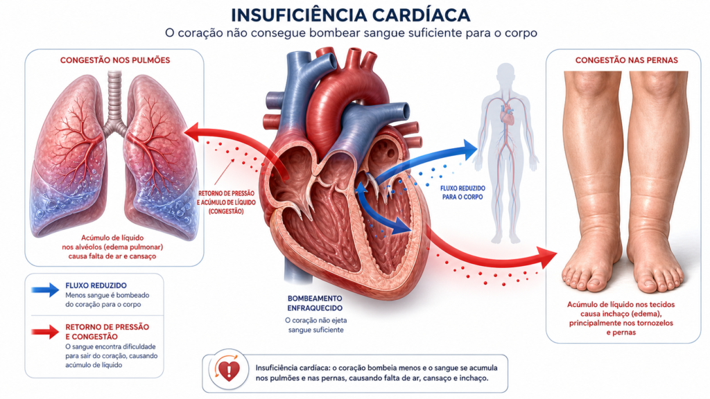 Ilustração mostrando o coração com insuficiência cardíaca, com fluxo sanguíneo reduzido e acúmulo de líquido nos pulmões e membros inferiores