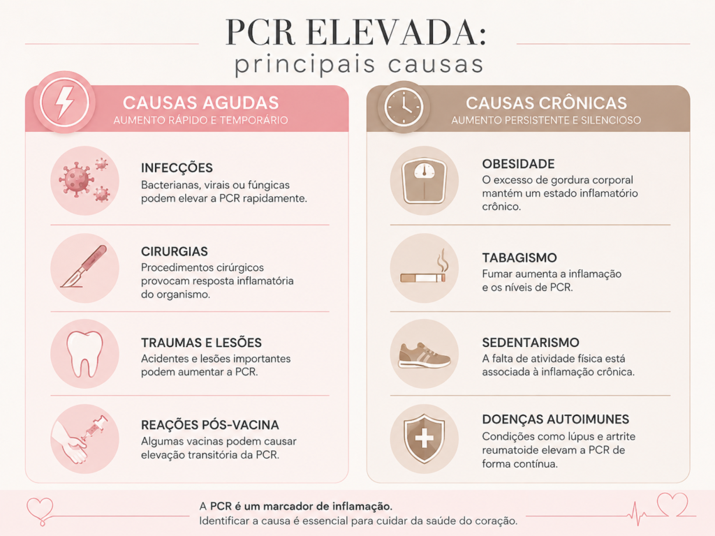 Infográfico dividindo as causas de PCR alta em agudas e transitórias versus crônicas de baixo grau, relevantes para avaliação cardiovascular]