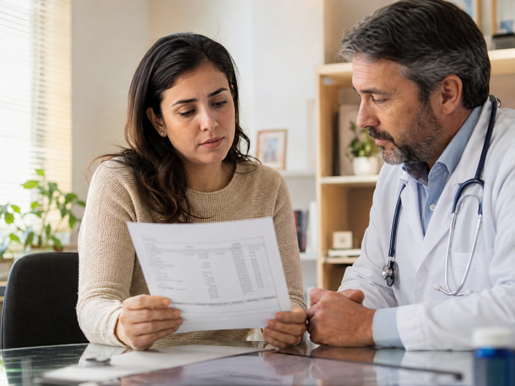 Paciente e médico analisando resultado de exame com PCR alta em consultório, representando a interpretação clínica da proteína C-reativa